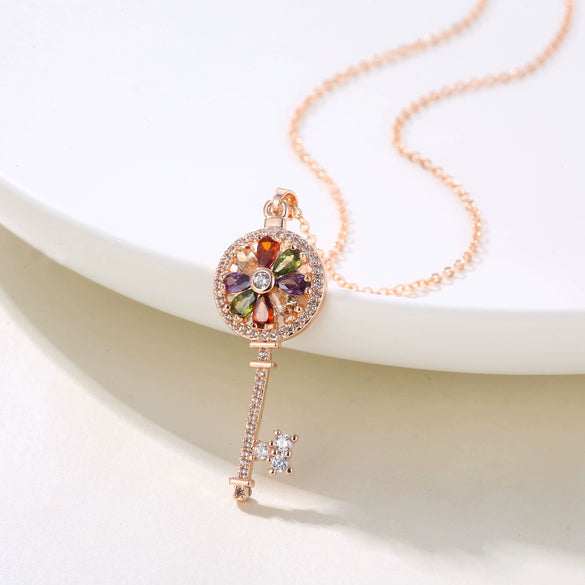 Women's Rose Gold Colorful Zircon Key Pendant Necklace With Small Clear Geometric Charm Copper O Chain