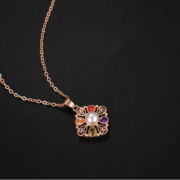 Women's Rose Gold Plated Copper Flower And Coin Pendant Necklace With Water Wave Chain And Zircon Embossed Cross Detail