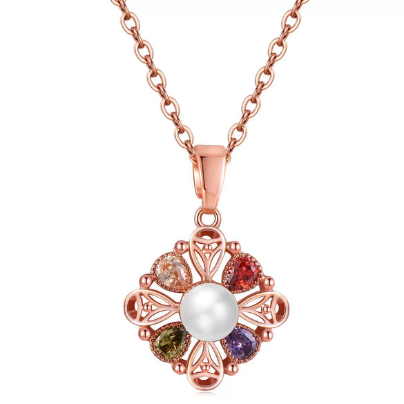 Women's Rose Gold Plated Copper Flower And Coin Pendant Necklace With Water Wave Chain And Zircon Embossed Cross Detail