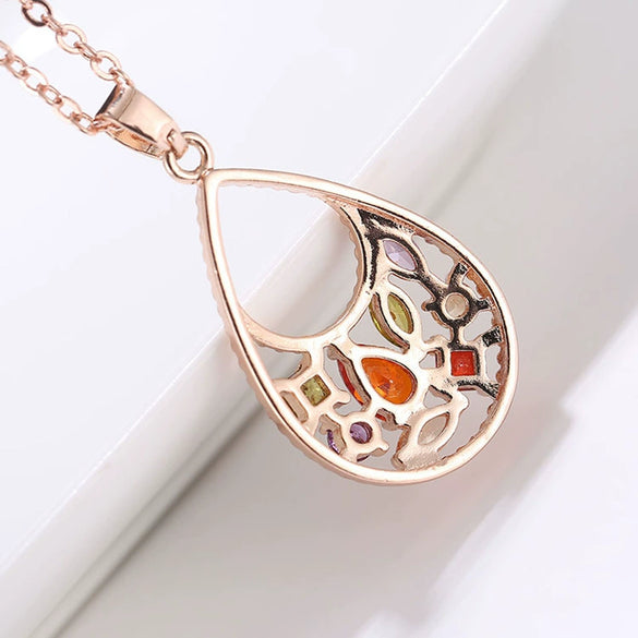 Women's Rose Gold Plated Copper Jewelry Set With Colorful Zircon Water Drop Pendant Necklace Earrings And Bracelet