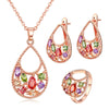 Women's Rose Gold Plated Copper Jewelry Set With Colorful Zircon Water Drop Pendant Necklace Earrings And Bracelet