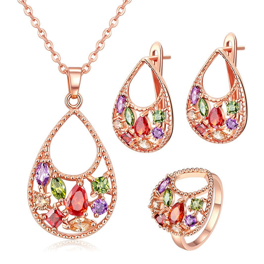 Women's Rose Gold Plated Copper Jewelry Set With Colorful Zircon Water Drop Pendant Necklace Earrings And Bracelet