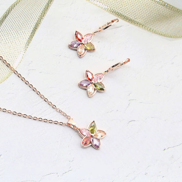 Women's Rose Gold Tone Alloy Flower Jewelry Set With Zircon Inlay Necklace And Earrings Electroplated Bridal Style