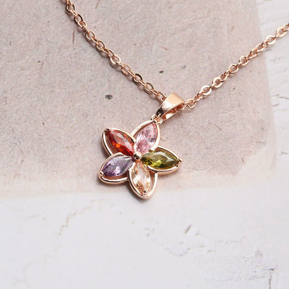 Women's Rose Gold Tone Alloy Flower Jewelry Set With Zircon Inlay Necklace And Earrings Electroplated Bridal Style