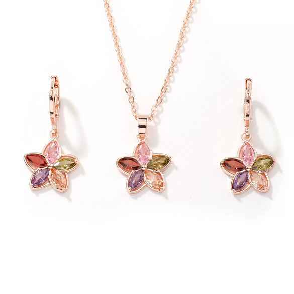 Women's Rose Gold Tone Alloy Flower Jewelry Set With Zircon Inlay Necklace And Earrings Electroplated Bridal Style