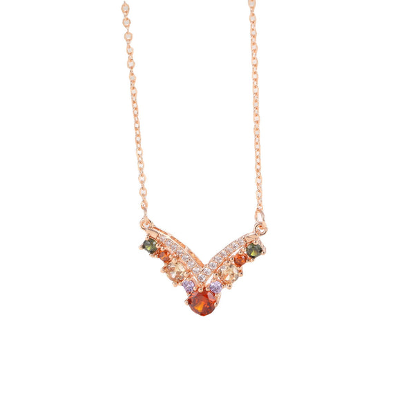 Women's Rose Gold Tone Copper Letter V Necklace With Artificial Zircon Pendant And O Chain Fashion Jewelry