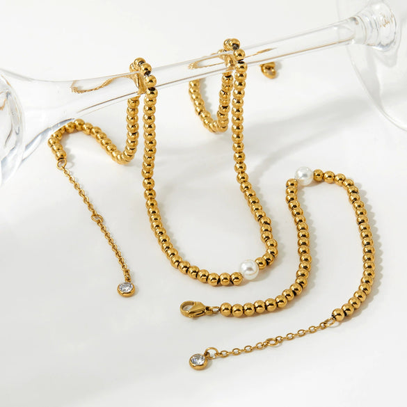 Women's Round Bead Stainless Steel Jewelry Set With Vacuum Plating And Minimalist Geometric Style Necklace And Bracelet Suit For Wholesale