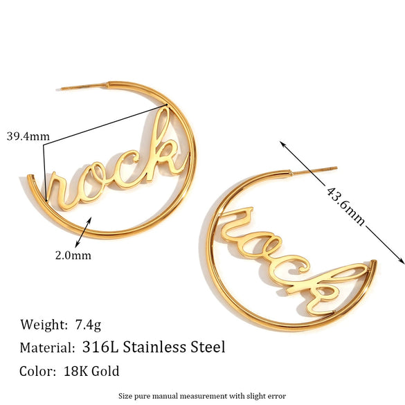 Women's Round Geometric Letter Text Earrings In Stainless Steel With Electroplated Finish