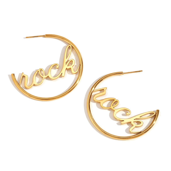 Women's Round Geometric Letter Text Earrings In Stainless Steel With Electroplated Finish