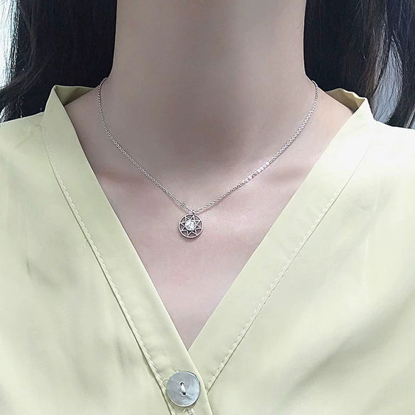 Women's Round Six Point Star Necklace In S925 Sterling Silver With Mixed Gem Pendant Electroplated Clavicle Chain Light Luxury Jewelry