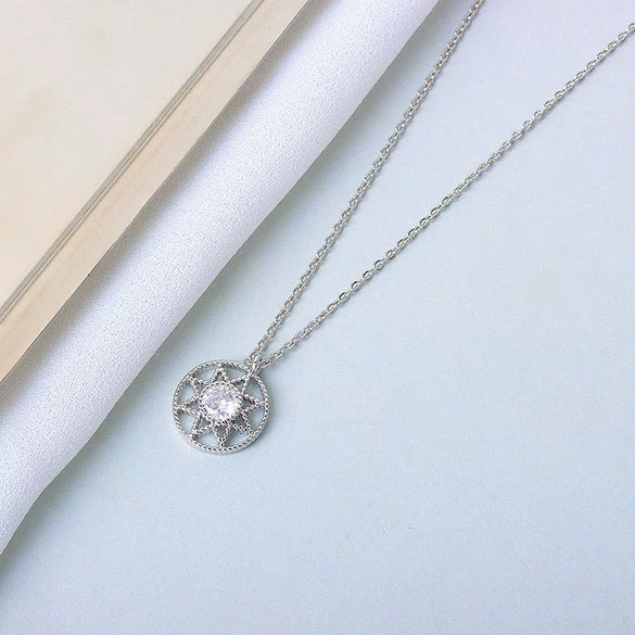 Women's Round Six Point Star Necklace In S925 Sterling Silver With Mixed Gem Pendant Electroplated Clavicle Chain Light Luxury Jewelry