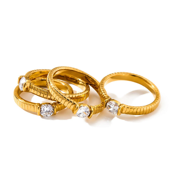 Women's Round Stainless Steel Ring With Zircon Setting And Geometric Design 18K Gold Plated Fashion Jewelry