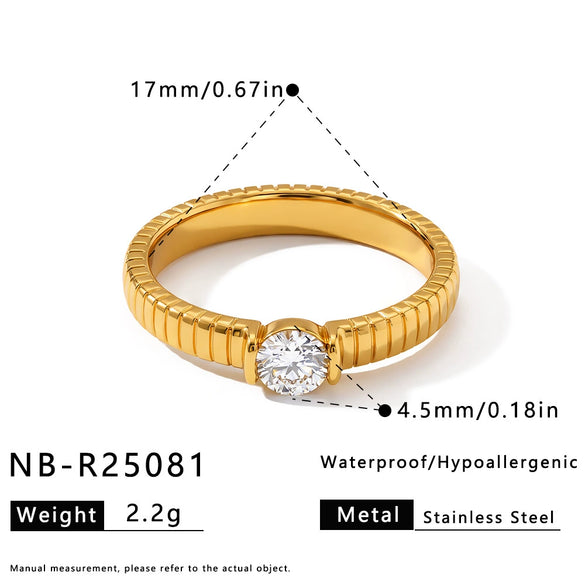 Women's Round Stainless Steel Ring With Zircon Setting And Geometric Design 18K Gold Plated Fashion Jewelry