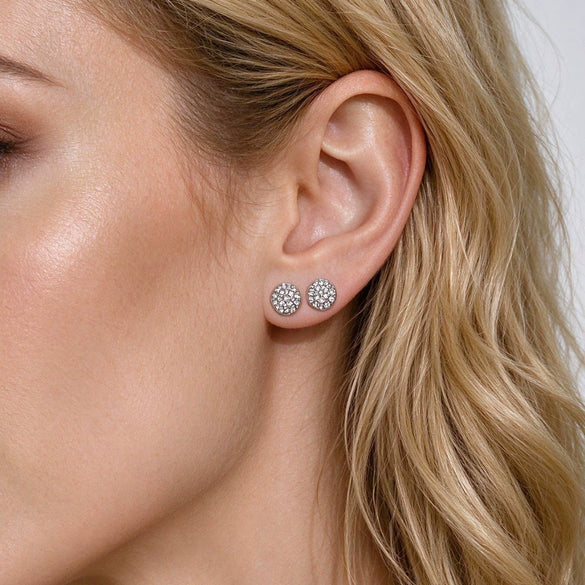 Women's Round Zircon Stud Earrings Geometric Minimalist Alloy Design With Stainless Steel Posts And Sparkling Electroplated Finish