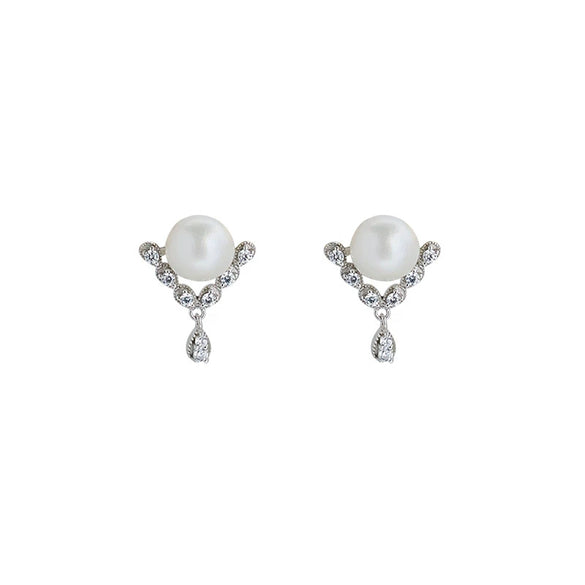 Women's S925 Freshwater Pearl Geometric Handmade Earrings Retro French Zircon Style