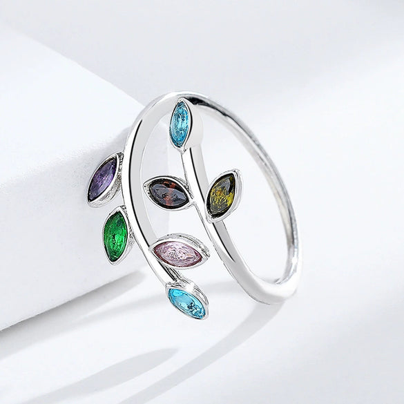 Women's S925 Pure Silver Tree Leaf Ring With Diamond Styling