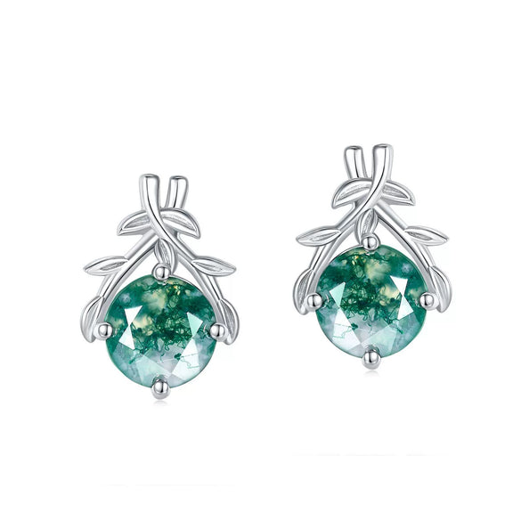 Women's S925 Silver Aquatic Agate Olive Branch Geometric Plant Flowers Earrings