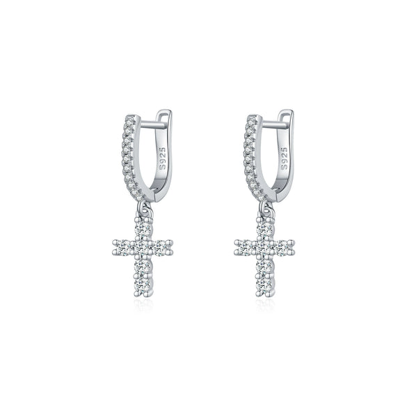 Women's S925 Silver Cross Earrings With Mosan Diamond Featuring Letters Numbers And Text Patterns