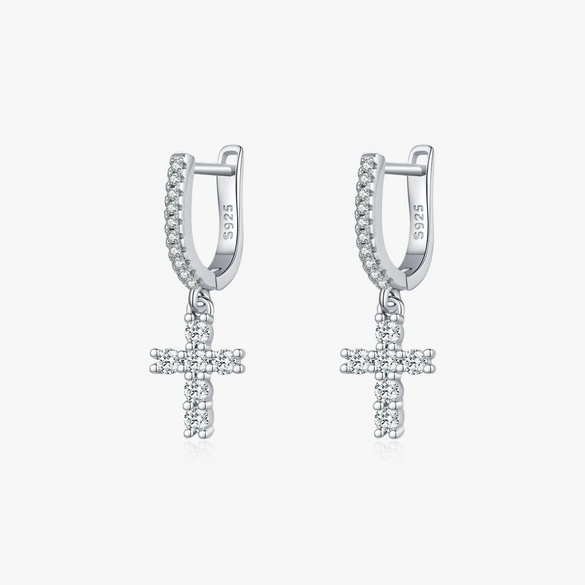 Women's S925 Silver Cross Earrings With Mosan Diamond Featuring Letters Numbers And Text Patterns