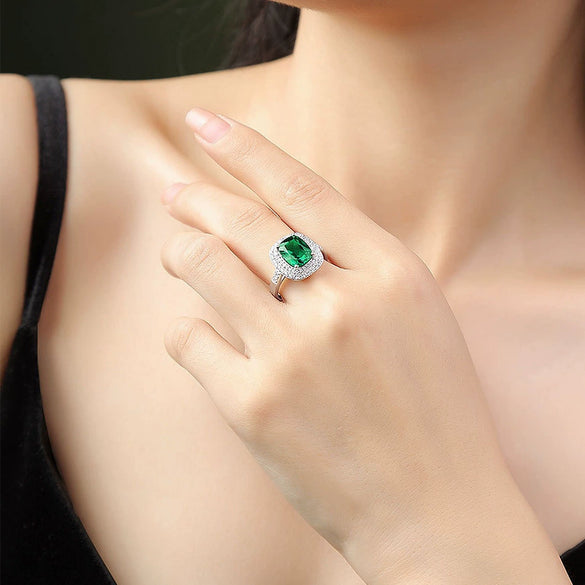 Women's S925 Silver Cultivating Emerald Geometric Inlay Ring