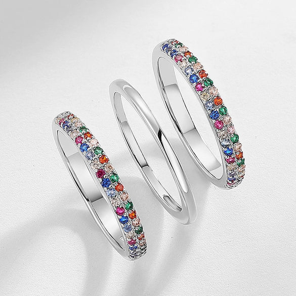 Women's S925 Silver Doublerow Colorful Zircon Stacked Ring Geometric Pattern Diamond Inlay