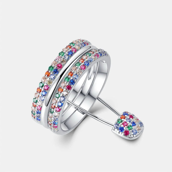 Women's S925 Silver Doublerow Colorful Zircon Stacked Ring Geometric Pattern Diamond Inlay