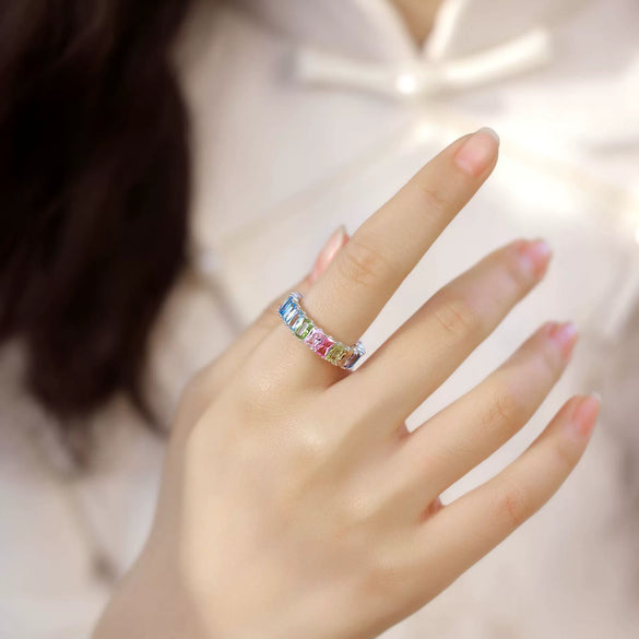 Women's S925 Silver Geometric Rainbow Zircon Inlaid Ring Fashion Light Luxury