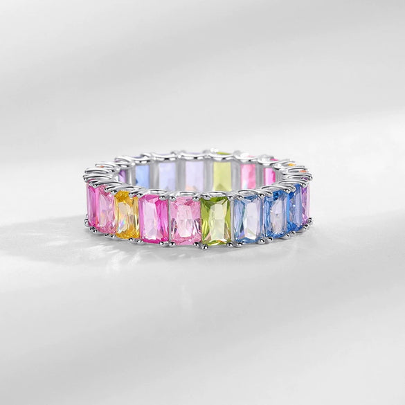Women's S925 Silver Geometric Rainbow Zircon Inlaid Ring Fashion Light Luxury