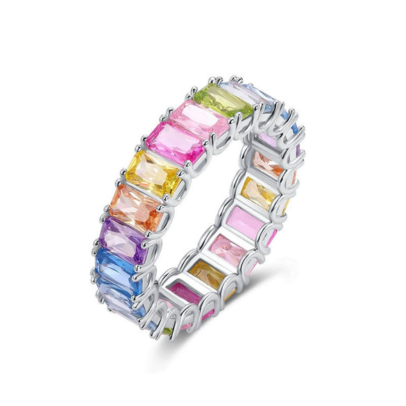 Women's S925 Silver Geometric Rainbow Zircon Inlaid Ring Fashion Light Luxury