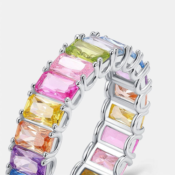 Women's S925 Silver Geometric Rainbow Zircon Inlaid Ring Fashion Light Luxury