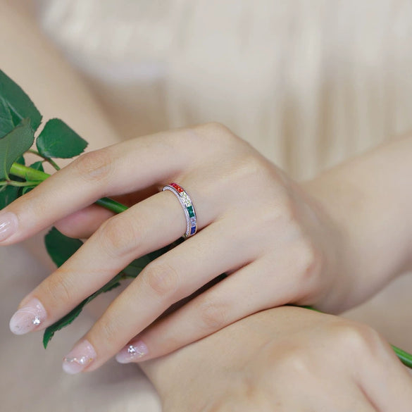 Women's S925 Silver Geometric Rainbow Zircon Ring