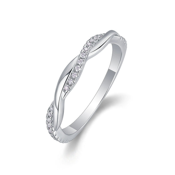 Women's S925 Silver Geometric Twisted Edge Ring Set With Diamonds