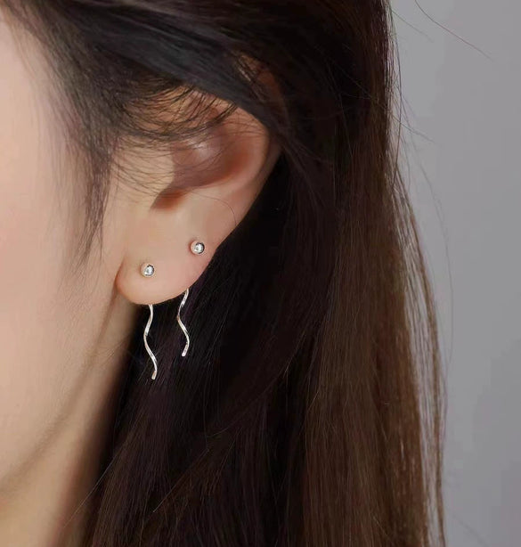 Women's S925 Silver Geometric Wave Tassel Earrings With Bead Ball Pendant Simple Elegant Ear Jewelry