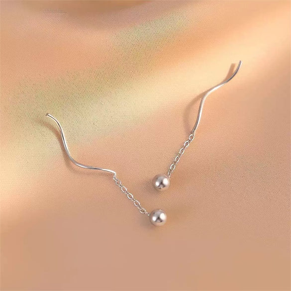 Women's S925 Silver Geometric Wave Tassel Earrings With Bead Ball Pendant Simple Elegant Ear Jewelry