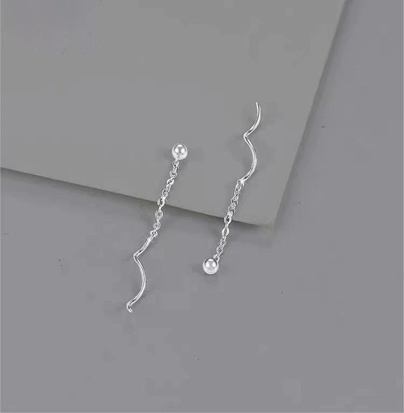Women's S925 Silver Geometric Wave Tassel Earrings With Bead Ball Pendant Simple Elegant Ear Jewelry