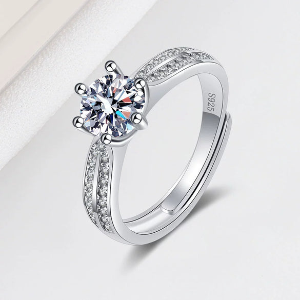 Women's S925 Silver Geometric Zircon Ring Sweet Romantic Six Claw Setting Electroplated Adjustable Open Wedding Jewelry