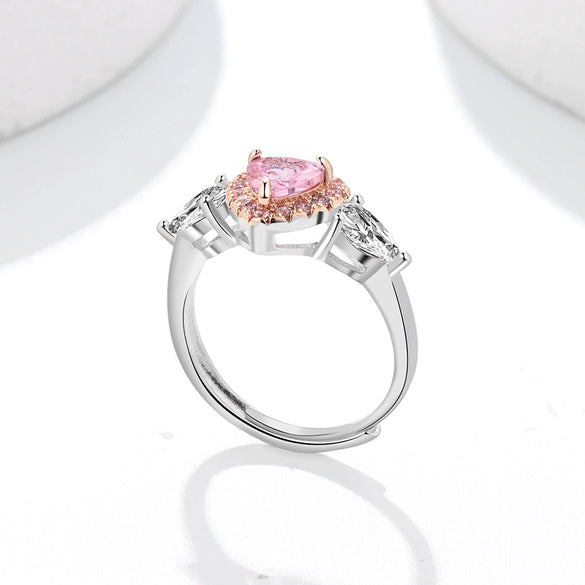 Women's S925 Silver Heart Ring With Zircon Inlay Electroplated Adjustable Open Ring