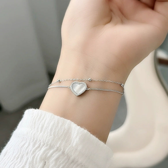Women's S925 Silver Heartshaped Doublelayer Bracelet With Motherofpearl Electroplated Hand Jewelry