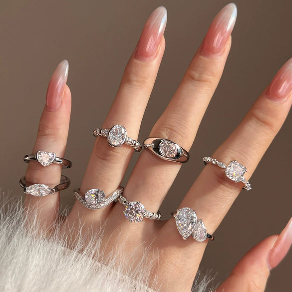 Women's S925 Silver Light Luxury Geometric Ice Flower Zircon High Carbon Ring Set