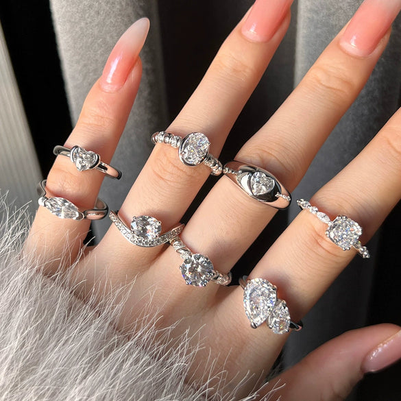 Women's S925 Silver Light Luxury Geometric Ice Flower Zircon High Carbon Ring Set