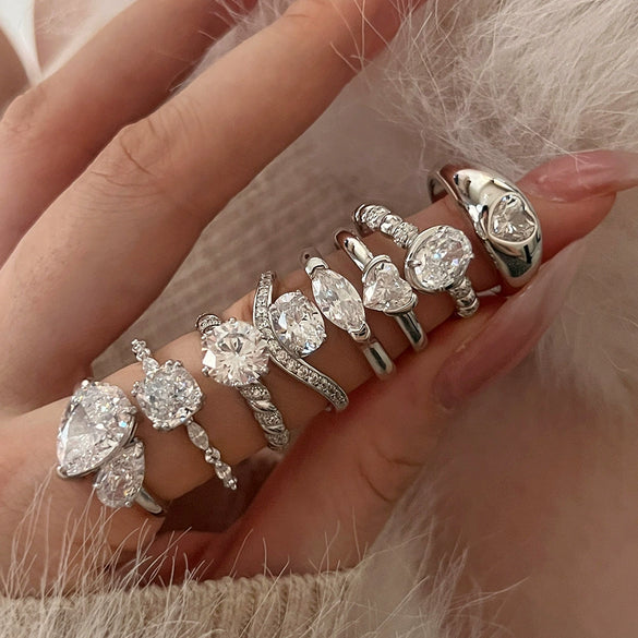 Women's S925 Silver Light Luxury Geometric Ice Flower Zircon High Carbon Ring Set