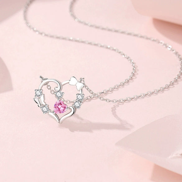 Women's S925 Silver Love Butterfly Natural Geometric Pattern Microinlaid Diamond Pendant Necklace