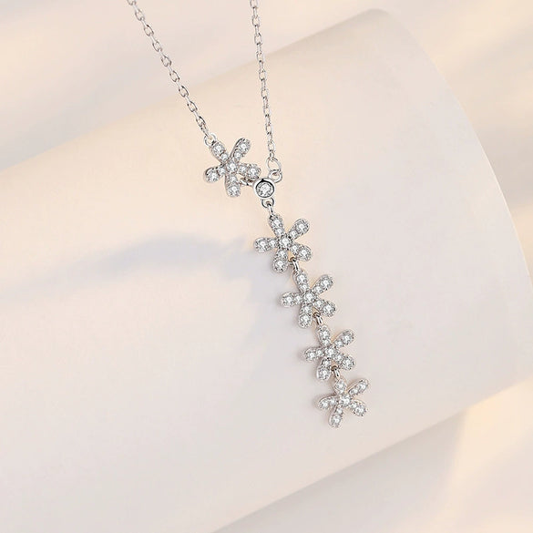 Women's S925 Silver Natural Plant Flowers Geometry Pendant Necklace With Micro Diamond And Cross Chain