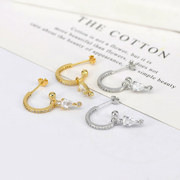 Women's S925 Silver Needle Copper Zircon Dropshaped Ushaped Geometric Pendant Earrings With Diamond Inlay