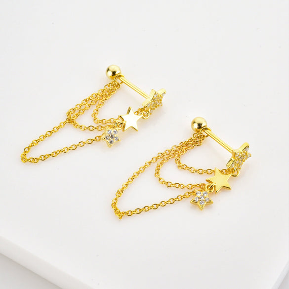 Women's S925 Silver Needle Tassel Earrings With Fivepointed Star Design Exaggerated Simple Cold Wind Style Platinum Or 18K Gold Electroplated