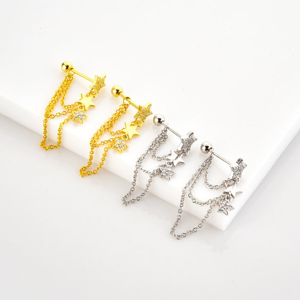 Women's S925 Silver Needle Tassel Earrings With Fivepointed Star Design Exaggerated Simple Cold Wind Style Platinum Or 18K Gold Electroplated