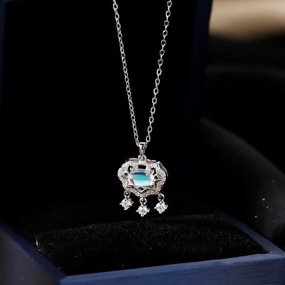 Women's S Silver Peace Lock Necklace With Zircon Moonstone Geometric Pendant Retro Light Luxury Electroplated Clavicle Cross Chain