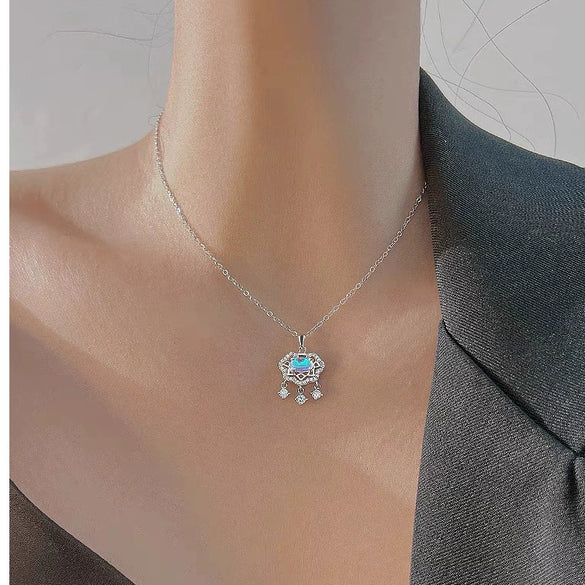 Women's S Silver Peace Lock Necklace With Zircon Moonstone Geometric Pendant Retro Light Luxury Electroplated Clavicle Cross Chain