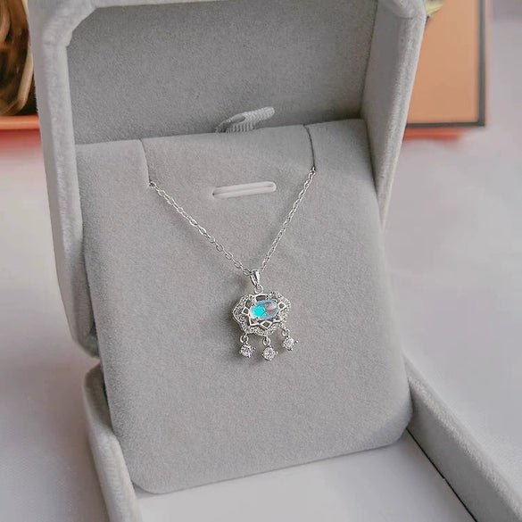Women's S Silver Peace Lock Necklace With Zircon Moonstone Geometric Pendant Retro Light Luxury Electroplated Clavicle Cross Chain
