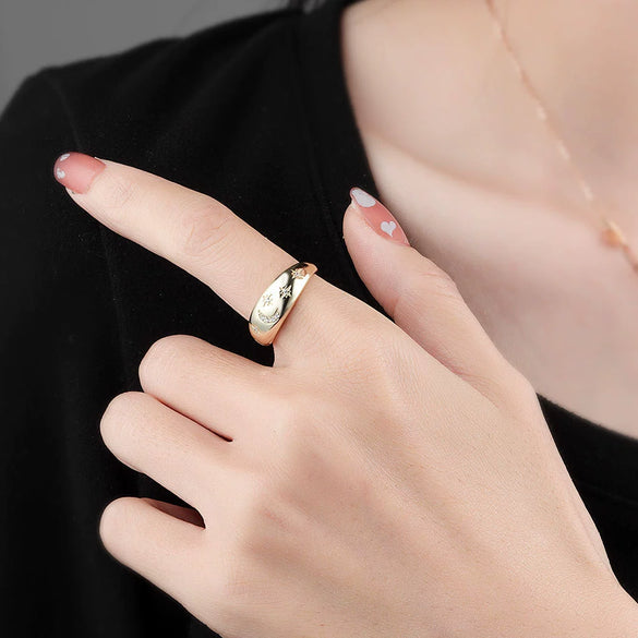 Women's S925 Silver Retro Light Luxury Geometric Star And Moon Adjustable Open Ring With Electroplated Finish